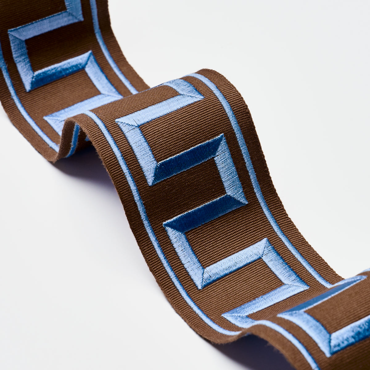 GREEK KEY EMBROIDERED TAPE | BLUE ON BROWN