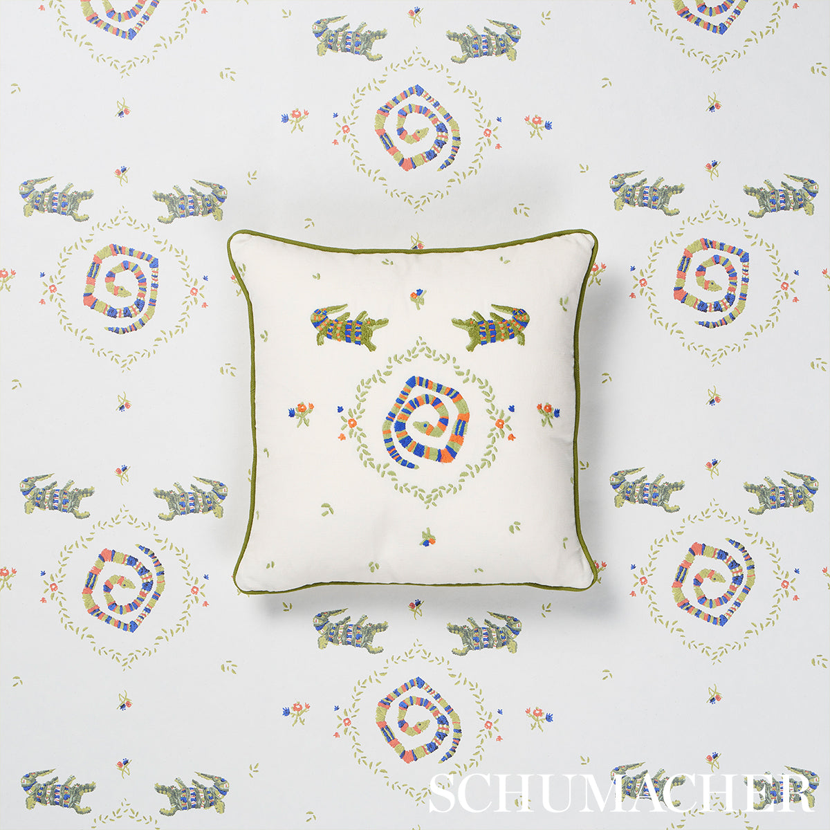 Reptilia Embroidery Pillow | Bright Multi on Ivory